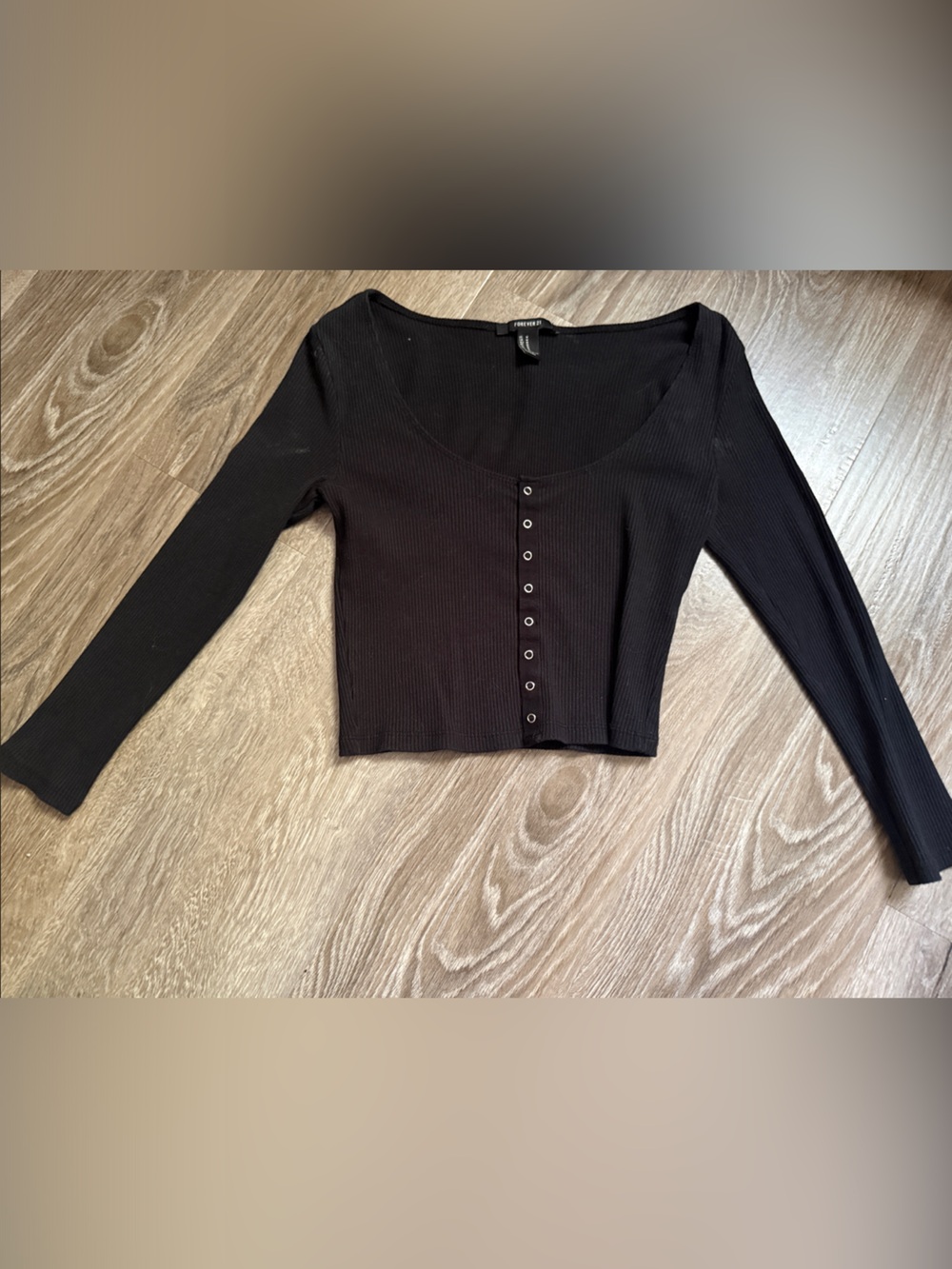 Forever 21 Black Ribbed Long Sleeve Scoop Neck Crop Top with Button Front